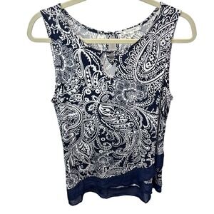 Ava James Paisley Tank Top Keyhole Sleeveless Blouse Navy White‎ Size M